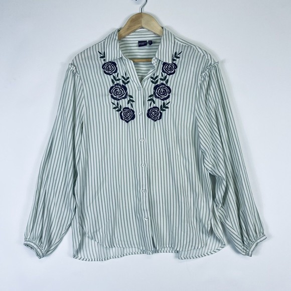 Cruel Denim Tops - Cruel Denim Green Stripe Roses Rayon Western Long Sleeve Shirt Top Womens Medium